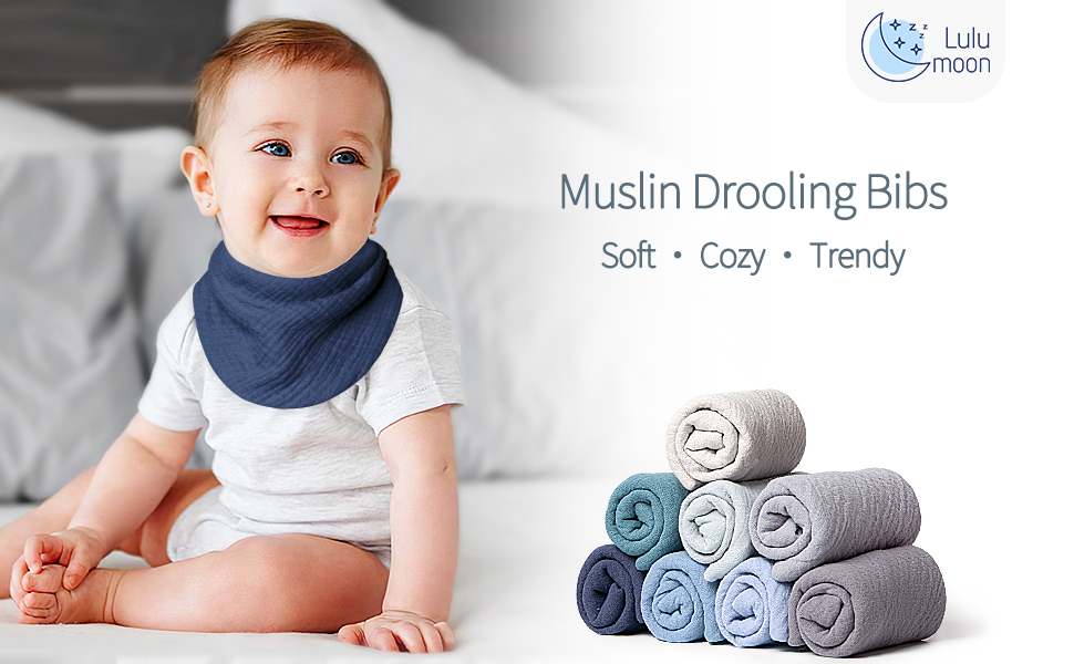 Lulu moon Baby Muslin Bibs - 100% Cotton for Teething Drooling Girls Boys,  8 Pack