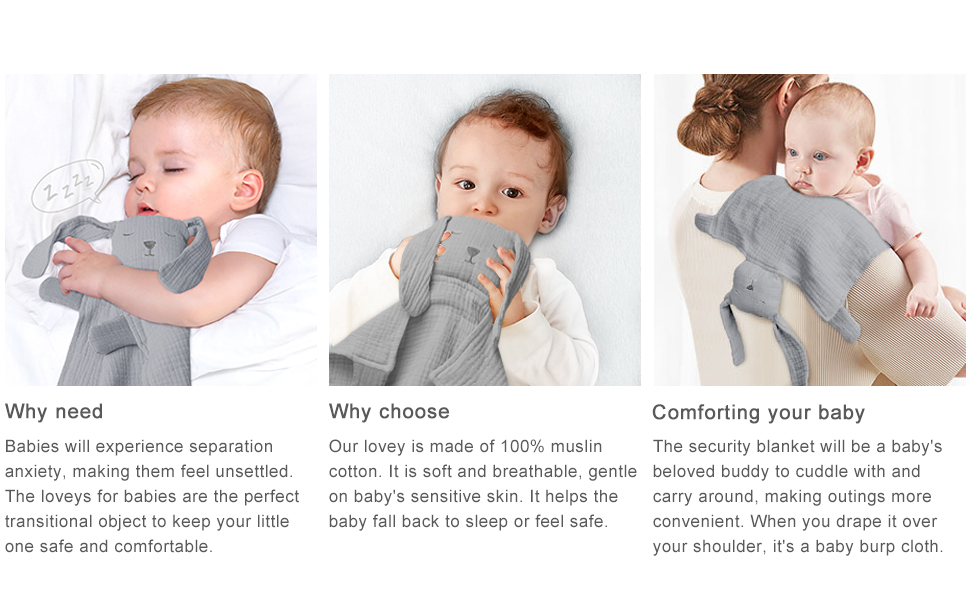 Lulu moon Baby Security Blanket for Unisex, Cotton Muslin Baby Lovey, Soft  & Breathable Lovie Baby Gifts for Boys and Girls, 15*12 Inch (Elephant Grey)